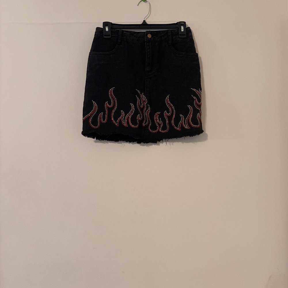 Black Denim Skirt with Red Flame Design